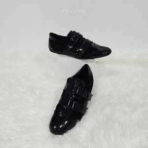 Gucci women black patent leather velcro sneakers size 39 monogram suede